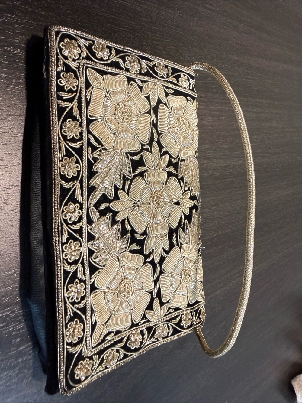 Black Clutch with Gold Floral Embroidery